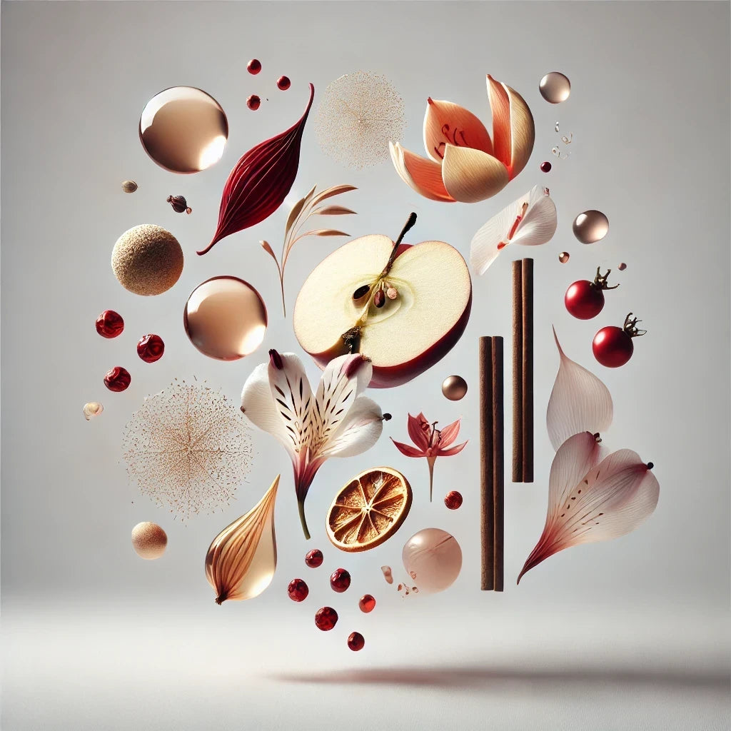 Fragrance notes of cafe pom caramel red apple elemi Lavender cinnamon vanilla rose  caramel amber musk.
